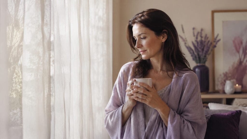 Mujer serena junto a la ventana con una taza, una pausa de calma frente a la ansiedad