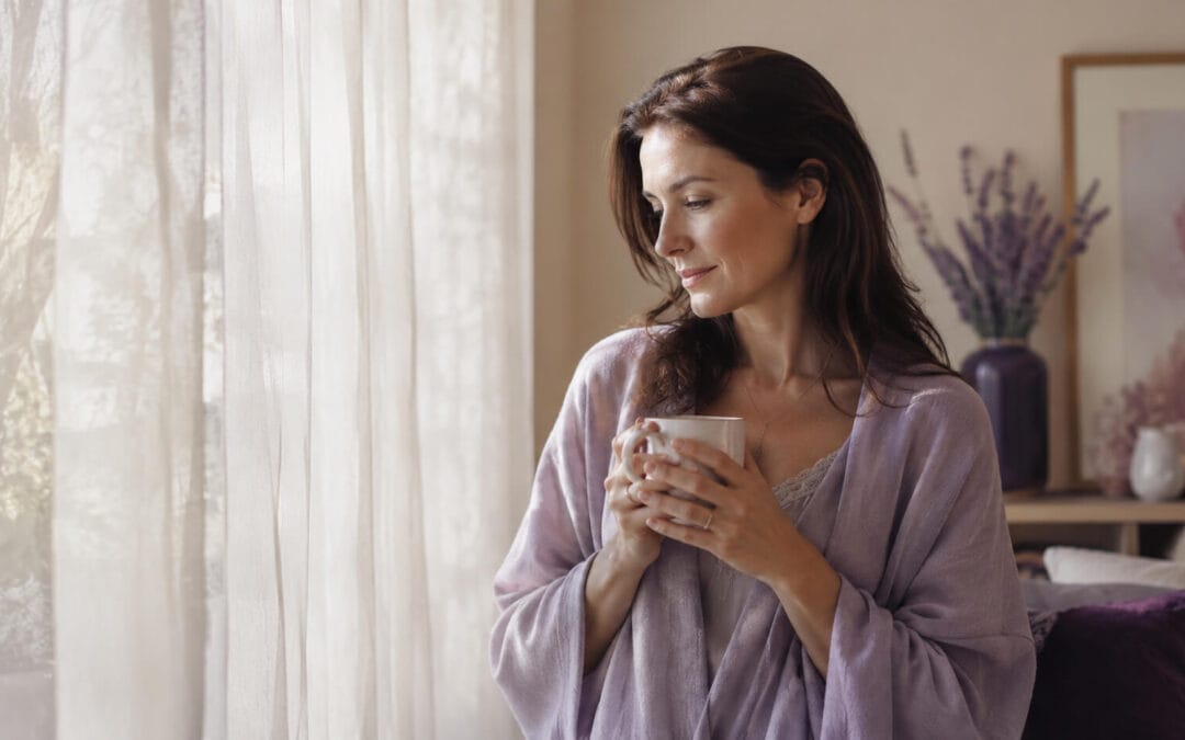 Mujer serena junto a la ventana con una taza, una pausa de calma frente a la ansiedad