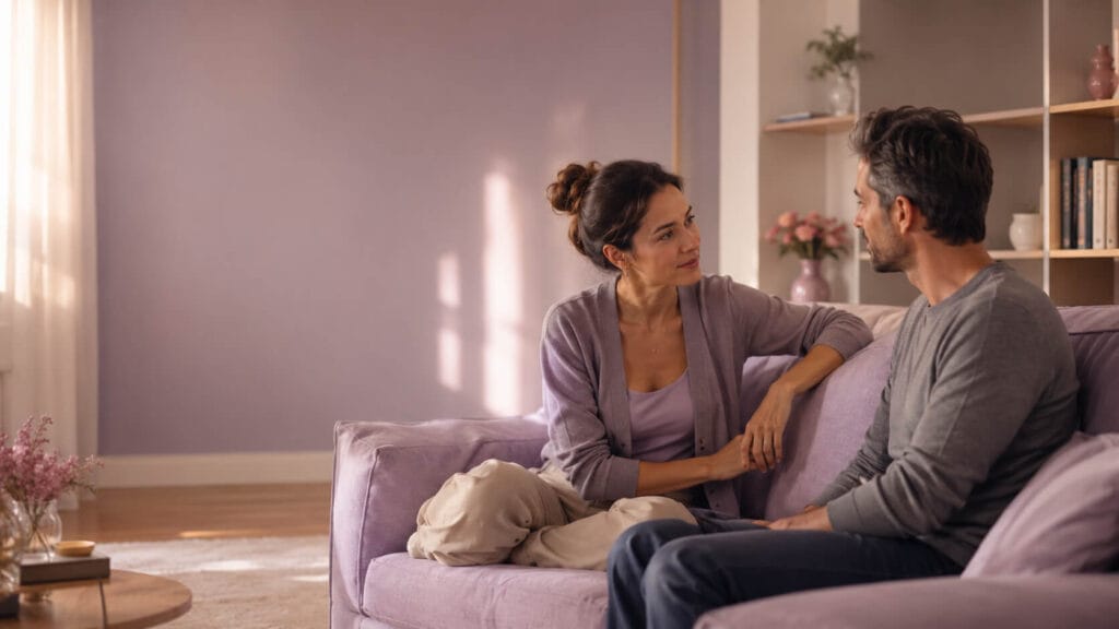 Pareja conversando con calma sobre los celos en la pareja y la confianza