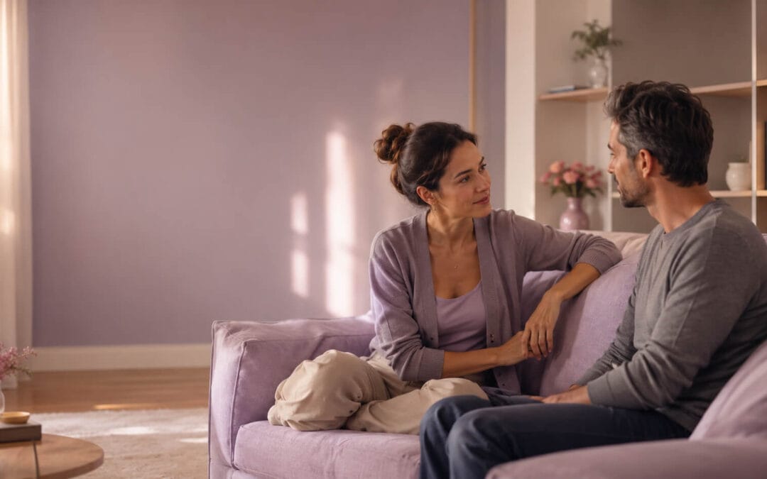Pareja conversando con calma sobre los celos en la pareja y la confianza