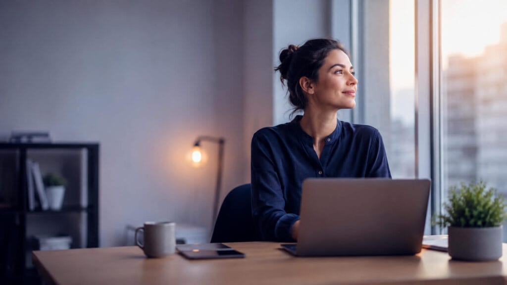Persona en pausa en su escritorio, recuperándose del burnout laboral
