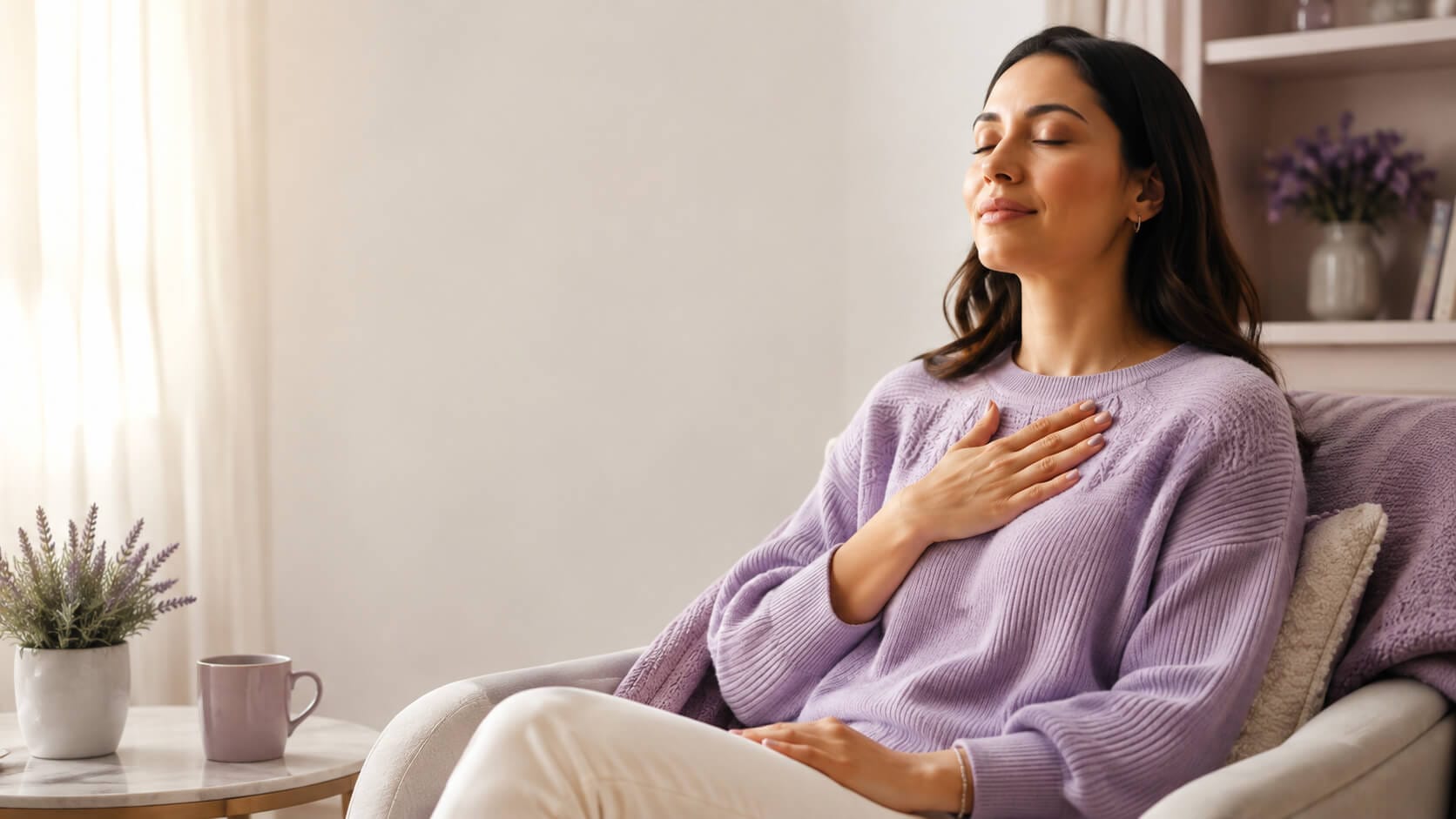 Persona con la mano en el pecho respirando para calmar un ataque de pánico